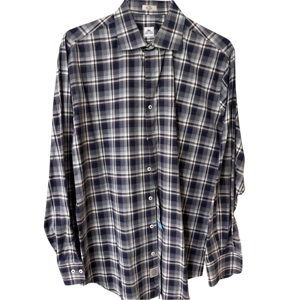 Peter Millar Navy, Brown, Gray And White Plaid Button-Down Shirt